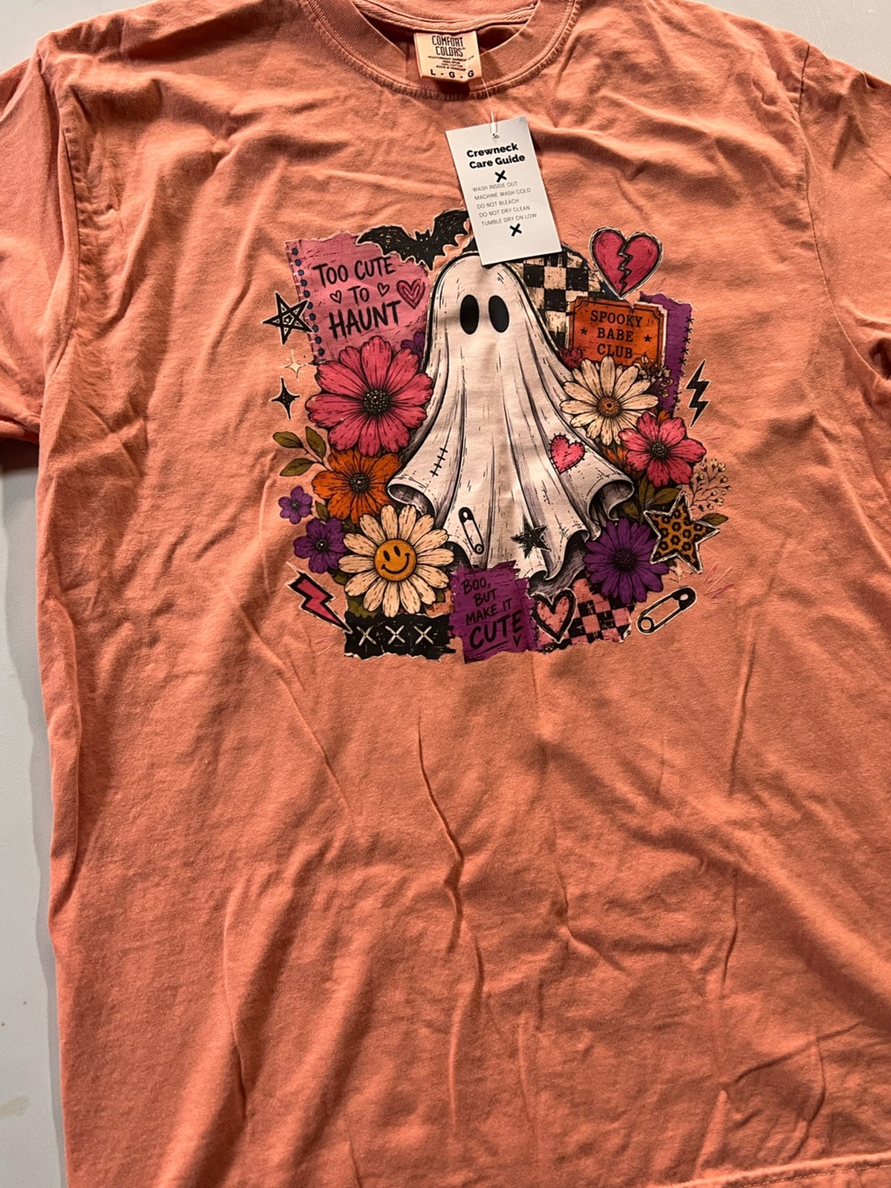 Comfort Colors Coral Pink Short Sleeve Tee with Ghost & Floral Graphic